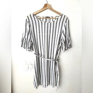Cotton On White and Black Vertical Stripe Midi Dress with Tie Waist